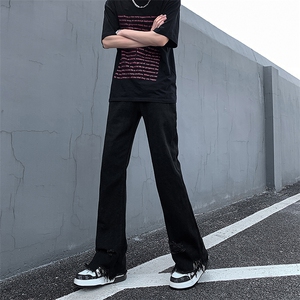 现货 黄泥美式vibe裤高街黑色破洞微喇直筒毛边牛仔裤男 K890-P55图片