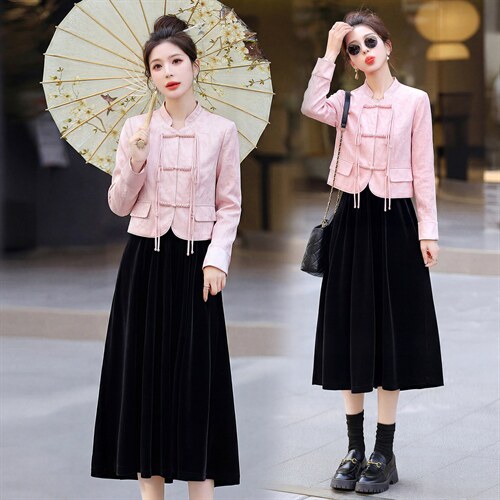 现货新款春秋装复古新中式盘扣外套连衣裙女装气质可组合套装裙，女装套装/套裙，韩美纤衣