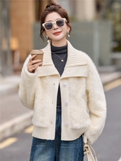 针织大翻领拼接皮毛一起，女装皮衣，朵莱米