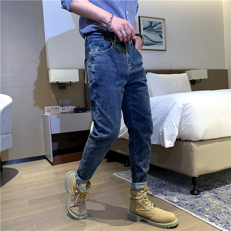 B230-6032p85复古做旧水洗深蓝色微垮修身小脚弹力牛仔裤男新品,男装牛仔裤,电商B230