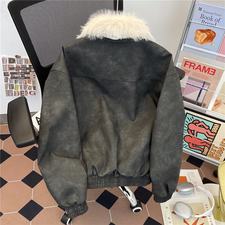 美式复古皮衣夹克女秋冬季可拆卸毛领紫色外套宽松休闲高级感上衣,男装夹克,星座506A