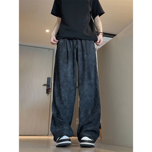 黑色扎染树皮纹冰丝裤男夏季薄款直筒裤子宽松bf慵懒风垂感阔腿裤,男士如何穿衣搭配图片图片