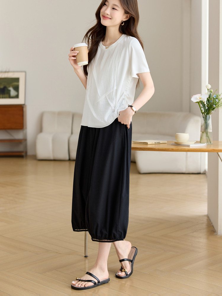 冰丝棉麻阔腿裤裙两件套2025夏季新款女装宽松洋气减龄十三行套装,女装套装/套裙,素月