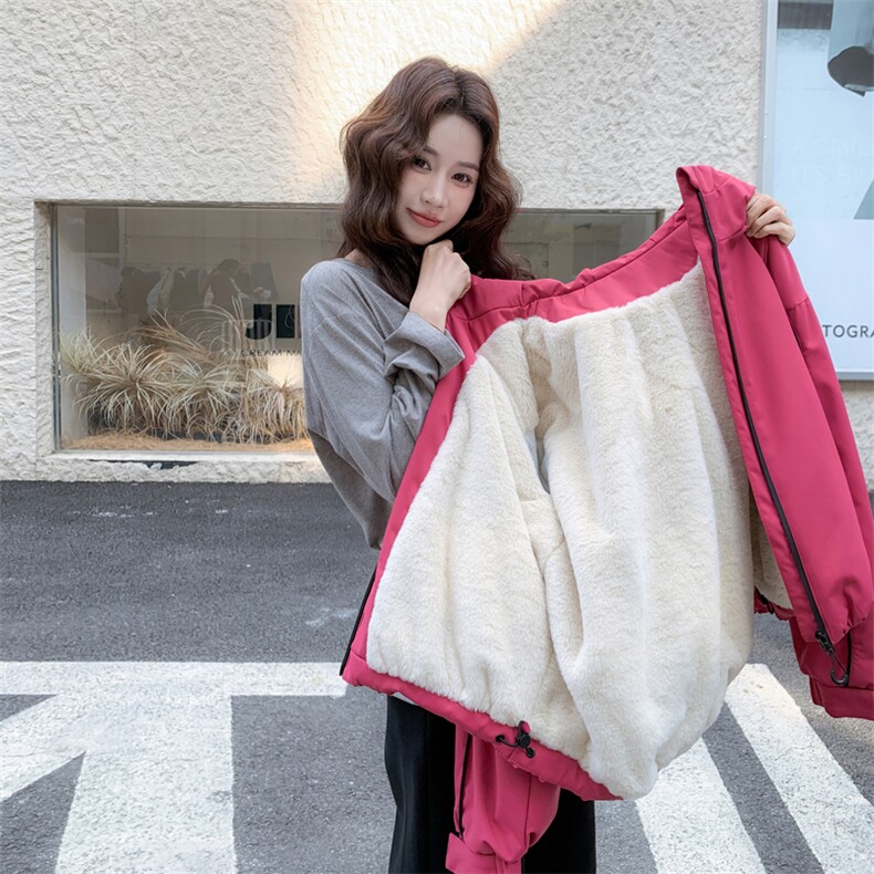 玫红色加厚软糯毛绒内胆设计感外套女2025冬季休闲日系甜酷风外套,女装派克服,2C090