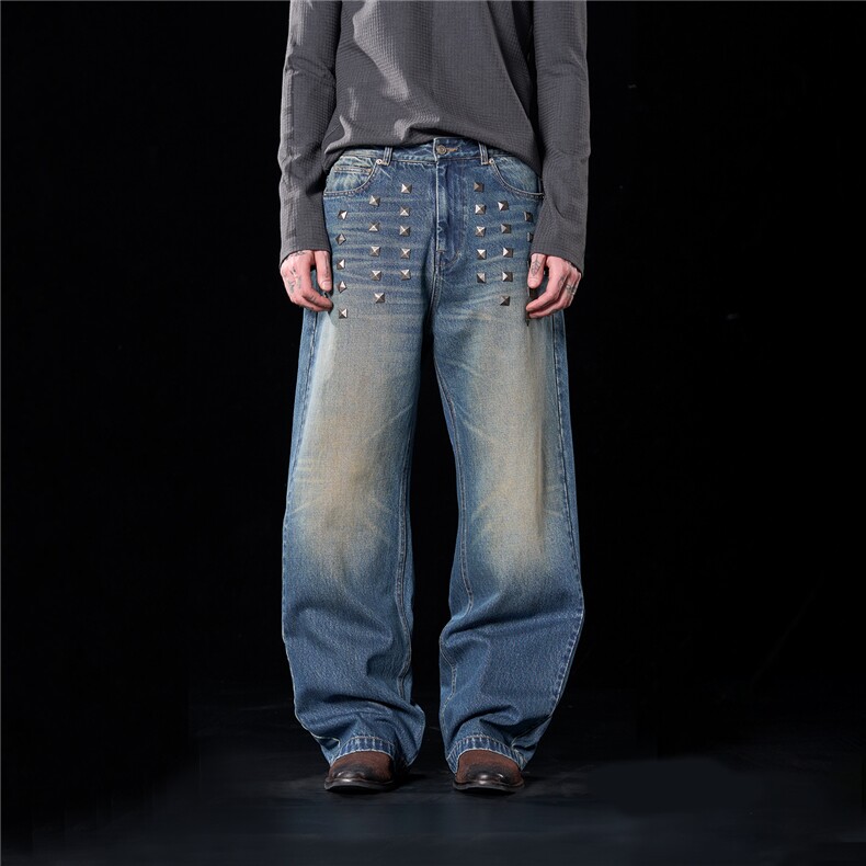 203-6K6200P73～蓝色做旧猫须水洗Baggy方钉装饰宽松直筒牛仔裤，男装牛仔裤，星座203-6(原电商259)
