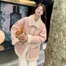 甜美粉色麂皮绒皮毛一体羊羔毛外套女秋冬2025新款时髦温柔风棉服，女装短外套，2B156