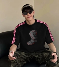抖音得物品质二开240克宽松纯棉美式潮牌印花三条杠中性风短袖T恤，男装T恤，电商A486