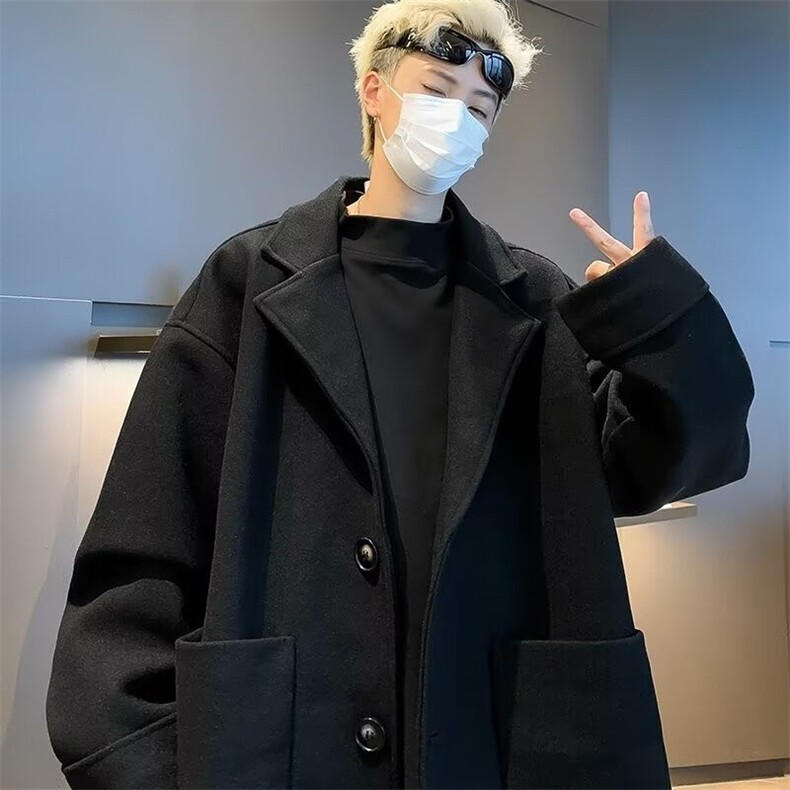 纯色中长款毛呢风衣男装百搭高级感休闲黑色呢子西装英伦外套1180图片
