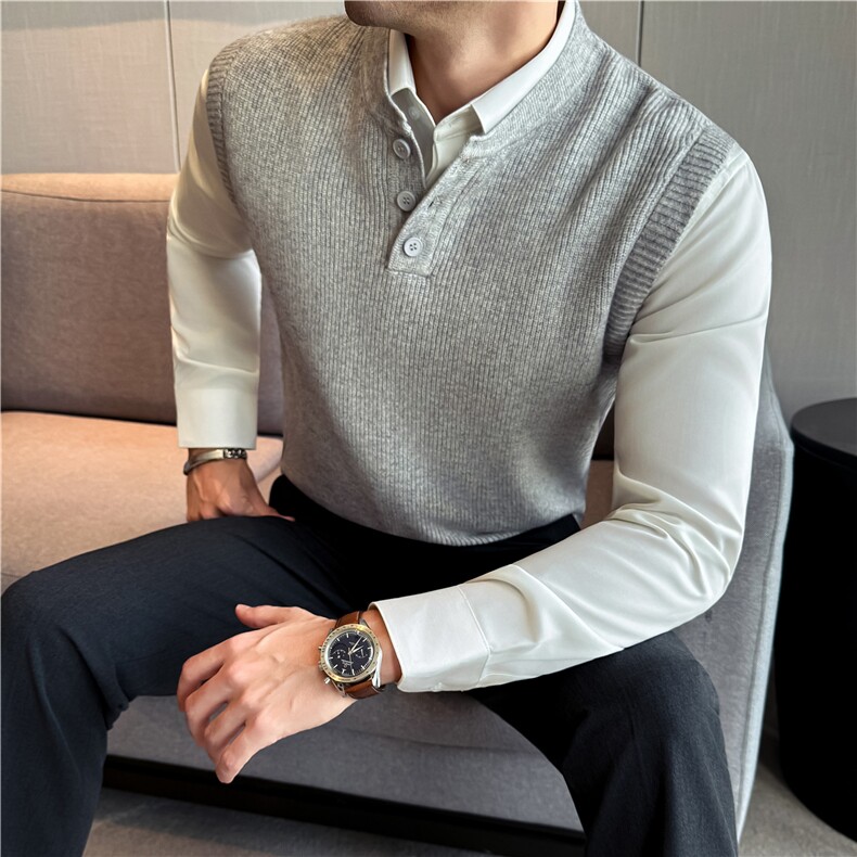 老钱风亨利领毛衣针织马甲内搭舒适无袖背心男浅灰色MJ3791-P63，男装背心/马甲，电商A213