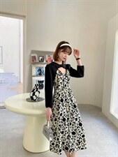 韩版甜美淑女时尚印花两件套连衣裙，女装连衣裙，荷塘月色