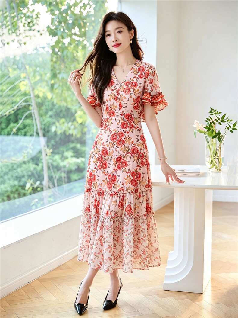 现货秒发2026夏装新款韩版碎花连衣裙大摆裙,女装连衣裙,妙形
