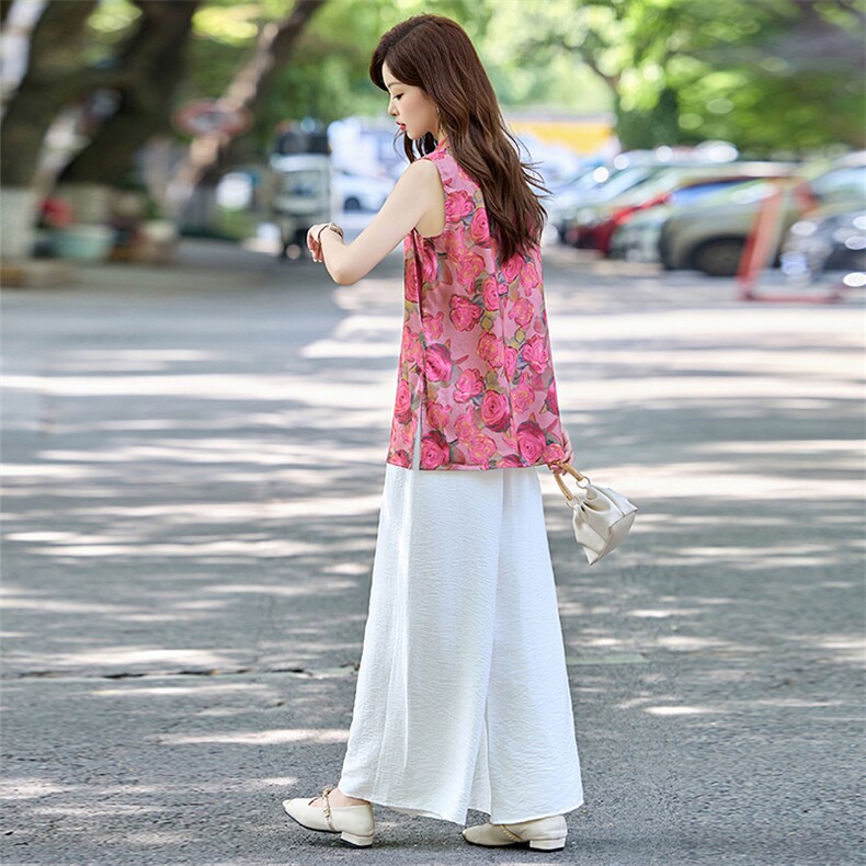 新中式国风女夏季新款高级感显瘦马甲阔腿裤流行街服饰,女装衬衫,罗腾