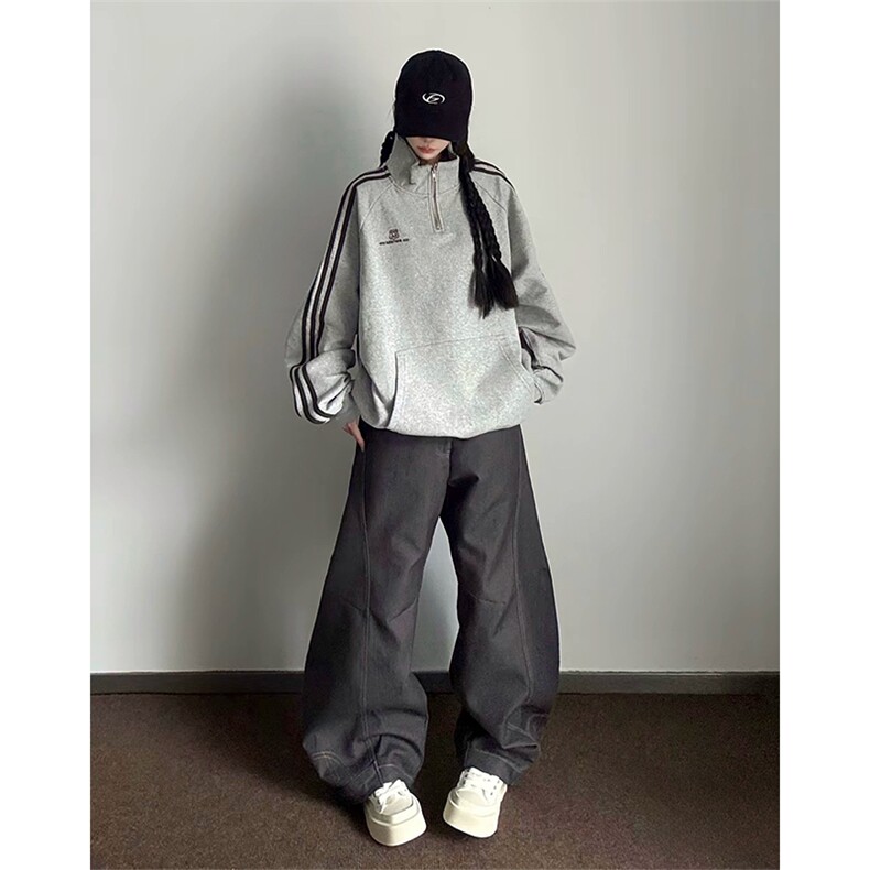 抖音得物美式全棉三条杠立领卫衣半拉链外套印花卫衣A2902,女装短外套,电商A443