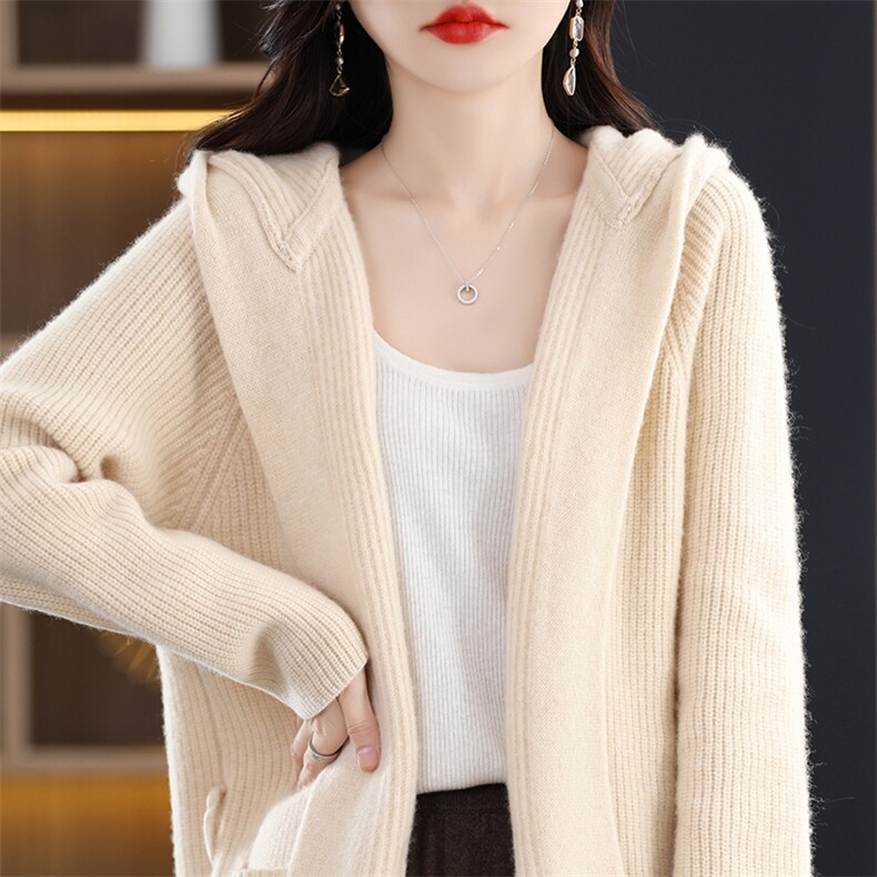 中长款加厚100%羊毛连帽开衫女腰带外套帽衫宽松慵懒羊绒衫大衣，女装羊毛衫，暮绒羊羊绒