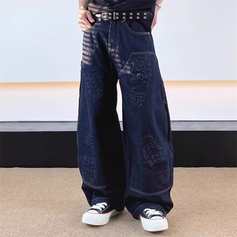 美式复古水洗做旧牛仔裤男女直筒宽松潮牌痞帅阔腿拖地弯刀裤子，男装牛仔裤，星座506A
