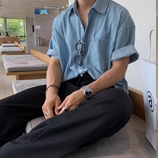 水洗复古牛仔衬衫男短袖青年休闲工装口袋蓝色衬衣夏季上衣，男装T恤，星座410-6（原星座1304-1）