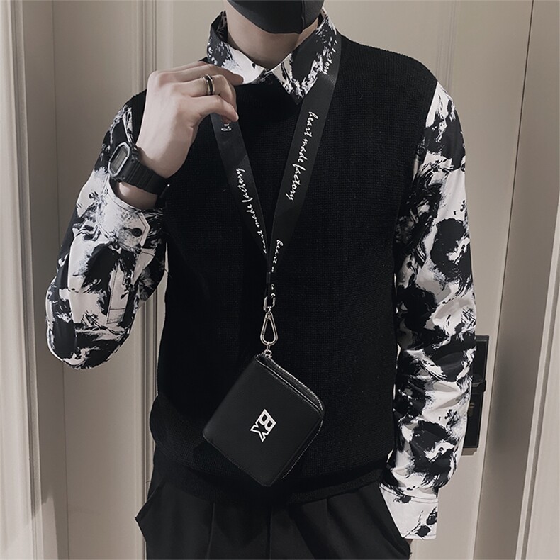 LV118/P88控118 秋社会小伙衬衫领假两件印花拼接袖针织毛衣黑首2图片