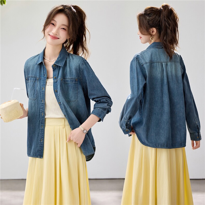 2026春夏新款复古水洗牛仔衬衫女宽松显瘦叠穿长袖衬衣外套休闲，女装衬衫，艾米