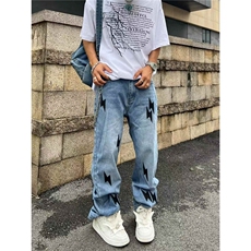 vibe风复古水洗做旧闪电贴布蓝色牛仔裤男宽松直筒长裤子NZ832，男装牛仔裤，星座516A