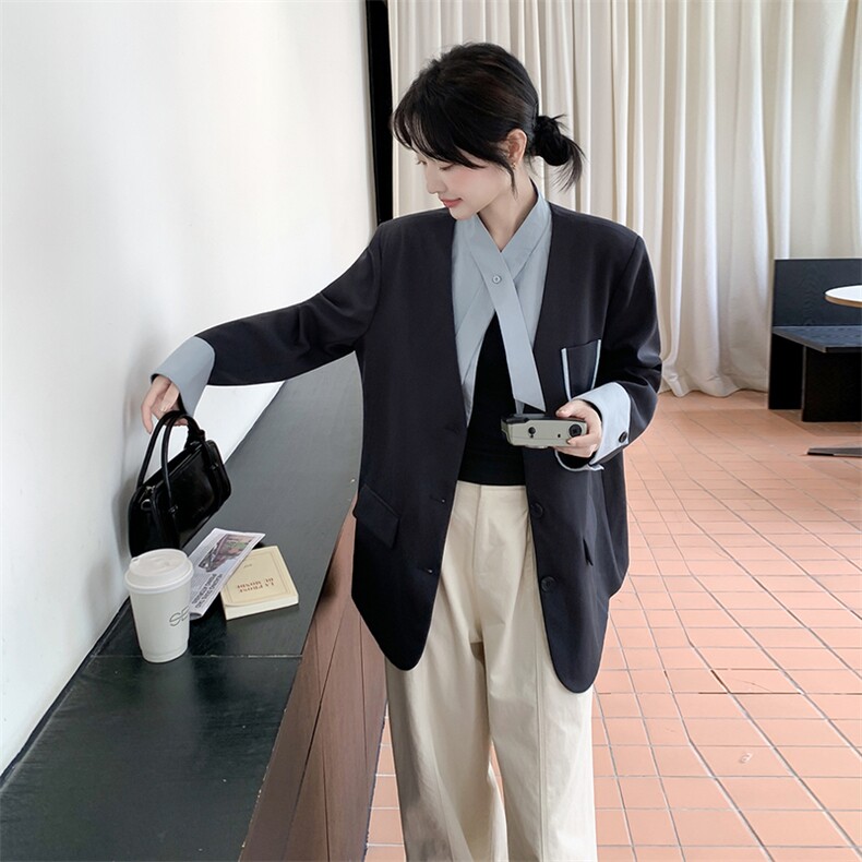 通勤拼接假两件短款西服上衣女春秋超火好看高级小众职业西装外套,女装西装,韩蜜菓