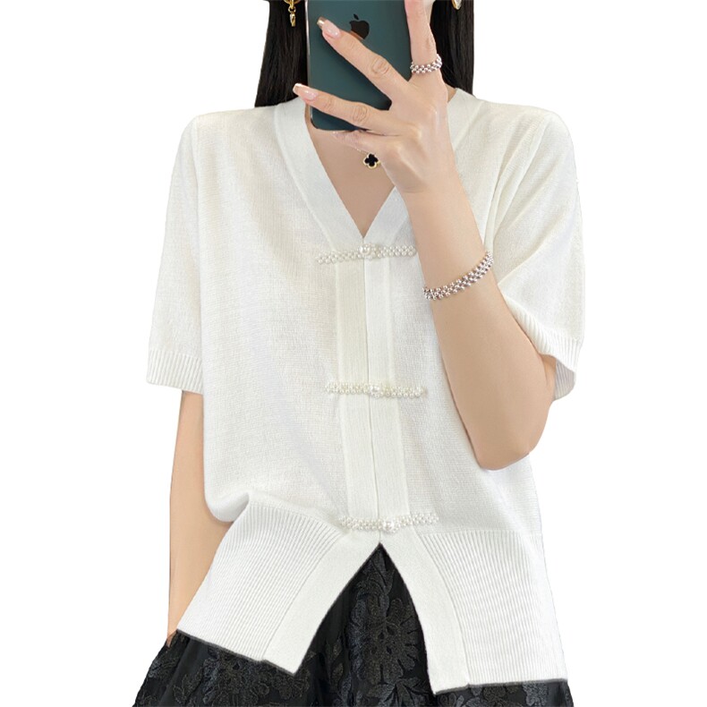 新中式V领针织衫桑蚕丝羊毛短袖T恤女别致2025年早春夏季国风上衣,女装羊毛衫,朝贺羊绒