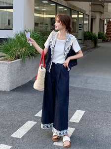 蕾丝连帽牛仔马甲阔腿裤三件套女夏薄款超火独特绝美韩里韩气套装图片