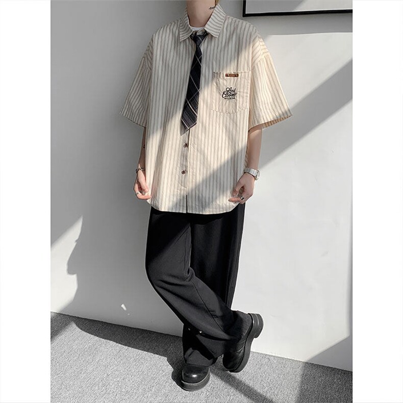 CS1132-特P48 控78 夏新大码刺绣短袖条纹衬衫男学院风（带领带）图片