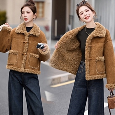 【大货已出】皮毛一体外套女短款冬季小个子羊羔毛仿鹿皮绒加厚，女装羊羔毛/颗粒绒，韩蔻秀