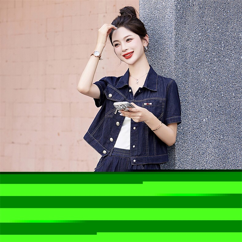牛仔减龄套装女夏季2025新款小个子高级感阔腿裤两件套,女装套装/套裙,美沁