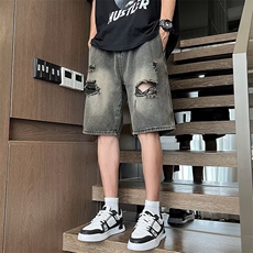 破洞牛仔短裤男士夏季2024新款宽松休闲五分裤子D601，男装牛仔裤，星座1116A-1（原606A）