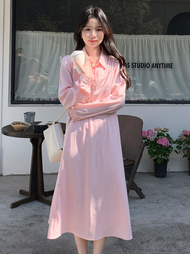 粉色马甲拼接假两件连衣裙女2025春季新款法式温柔风小个子衬衫裙,女装套装/套裙,浙宝305