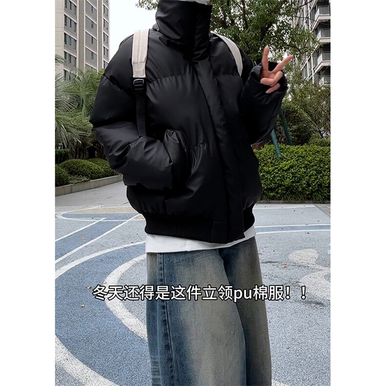 现货5W件冬季三防重磅硬挺boxy短款羽绒立领PU皮棉衣外套加厚棉服,男装棉衣,电商A443