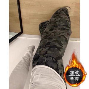 美式高街复古加绒迷彩阔腿牛仔裤女秋季新款高腰宽松显瘦工装裤子图片