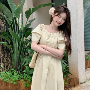 系带收腰连衣裙女夏褶皱泡泡袖显瘦中长裙2C276-L3440-P110-K155图片