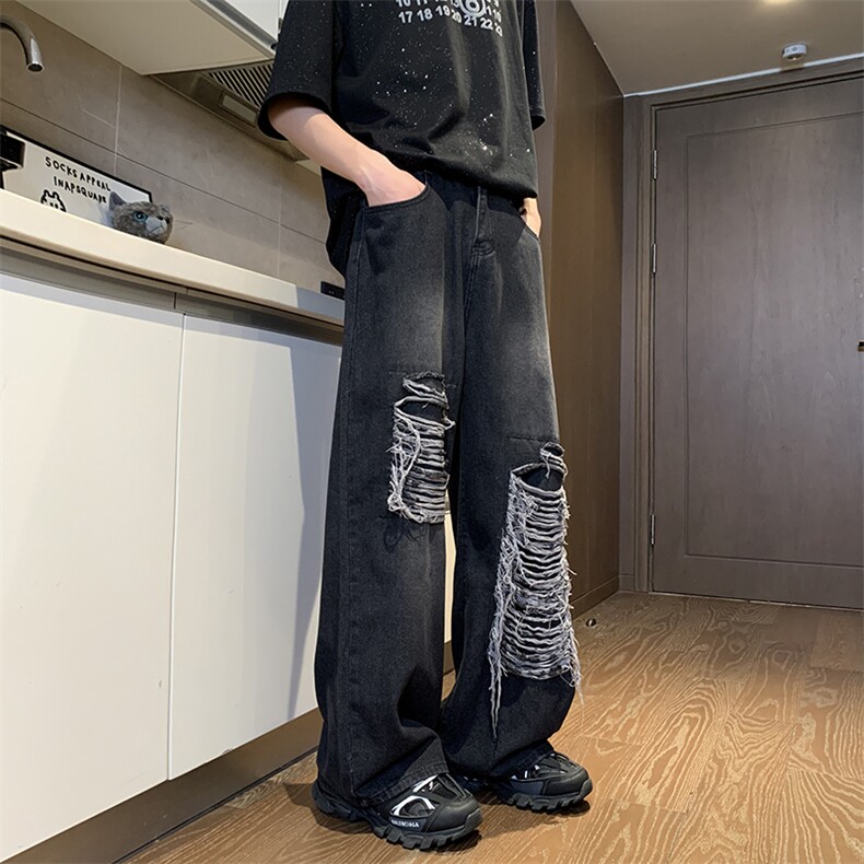 美式街头贴布破洞牛仔裤男设计感小众牛仔裤潮宽松阔腿裤XN09-P45,男装牛仔裤,星座1001-1