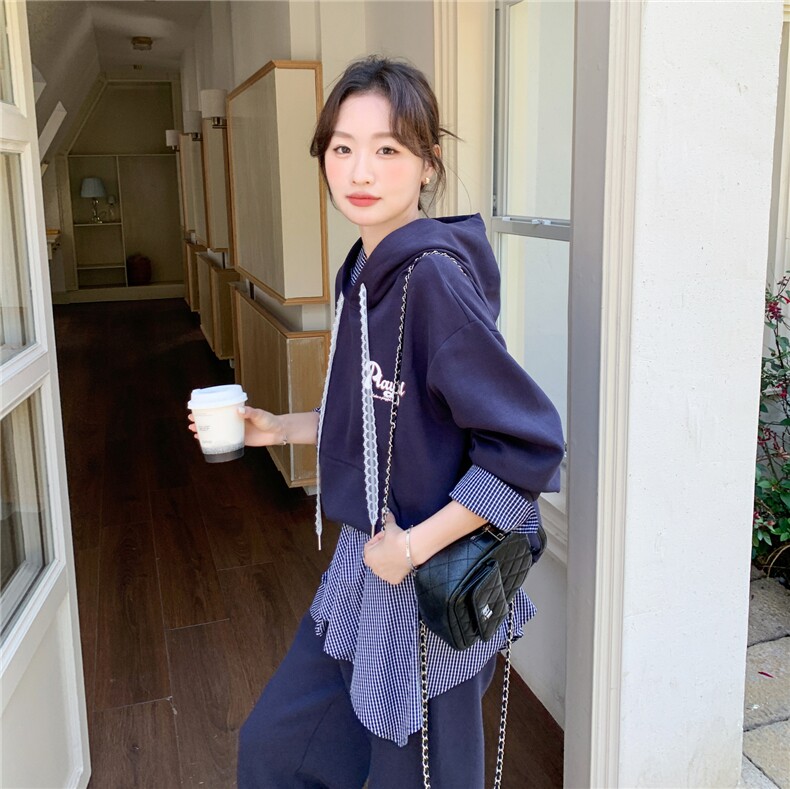 2026春季新款现货藏青色拼格子屁帘卫衣套装2C375-605-P185-k288,女装套装/套裙,2C375