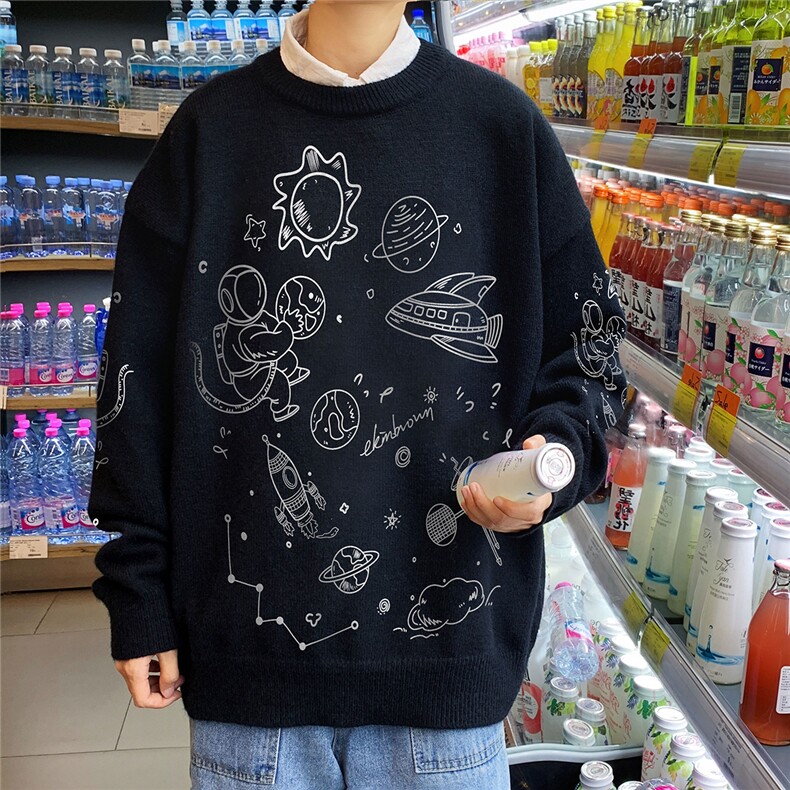 1港风新款宽松休闲中性情侣圆领潮流印花毛衣男外套7804P55加绒70,男装针织衫/毛衣,星座226-2