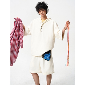 8XL-M 高品质莫代尔空气层套装连帽短袖男上衣五分裤两件套TZ110图片