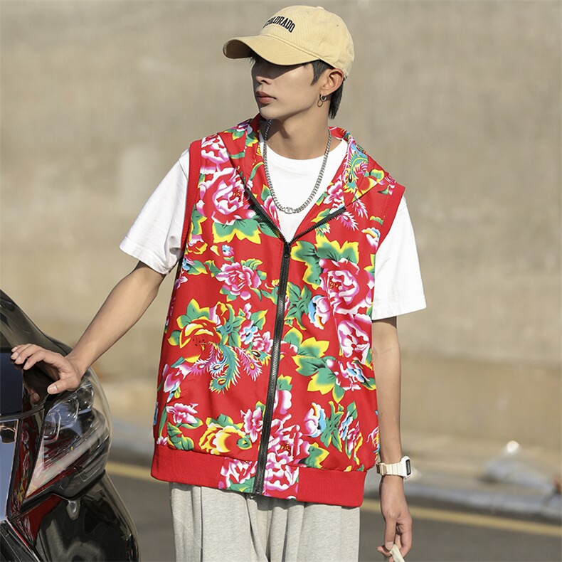 B02东北大花连帽拉链大码新中式汉服民族特色马甲背心坎肩潮男女,男装背心/马甲,星座115A(原星座507）