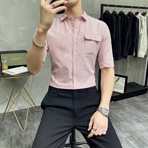 现货 2021 条纹短袖衬衫男修身抗皱CS14P45图片