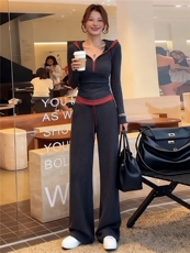 韩系运动休闲套装女春季新款高级感连帽撞色拼接上衣阔腿裤两件套，女装套装/套裙，江南