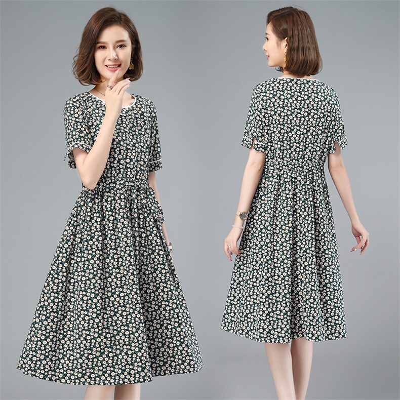 2021夏季新款简约时尚圆领收腰显瘦宽松碎花连衣裙,女装连衣裙,小林双子