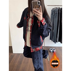 【阿宁】藏青色连帽开衫卫衣男假两件格子美式高街潮牌情侣装外套，男装夹克，星座302B