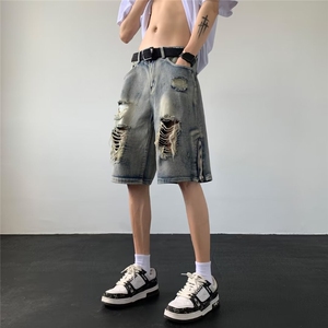 拉链开叉破洞牛仔短裤男女生夏季直筒宽松乞丐五分裤DK8051-P40图片