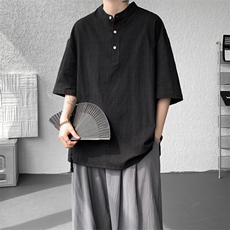 8XL-M中式立领棉麻T恤特大码亨利领亚麻短袖polo衫半袖DX1210/P45，男装T恤，电商B238