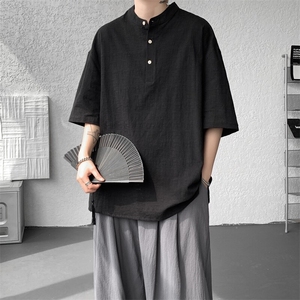 8XL-M中式立领棉麻T恤特大码亨利领亚麻短袖polo衫半袖DX1210/P45图片