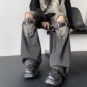 美式高街牛仔裤男韩版个性膝盖开口皮带2024夏季ins长裤RK818-P59图片