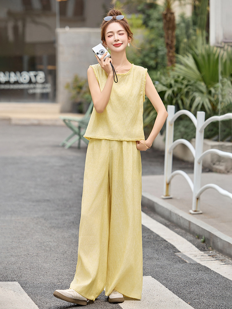 高级感气质名媛套装女2025夏季新款香风无袖背心阔腿裤两件套女,女装套装/套裙,伊仟回