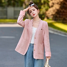 蕾丝花边粉色西装外套女2025春季新款高级感洋气百搭休闲宽松上衣，女装短外套，依如秀(原杭风阁)