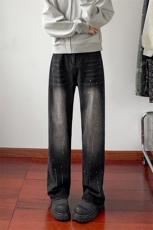 B221美式ins高街暗黑喷墨宽松直筒牛仔裤LK24401-特P45控78，男装牛仔裤，电商B221